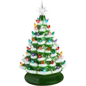 imageBest Choice Products 15in Ceramic Christmas Tree Prelit HandPainted Tabletop Holiday Tree 2 Star Toppers 64 Lights  Peppermint wRed and White BulbsFrosted W Multicolored Lights