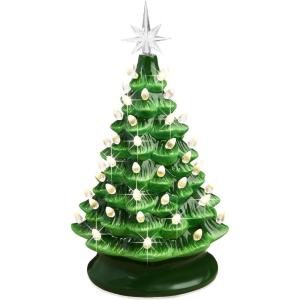 imageBest Choice Products 15in Ceramic Christmas Tree Prelit HandPainted Tabletop Holiday Tree 2 Star Toppers 64 Lights  Peppermint wRed and White BulbsGreen W Warm White Lights