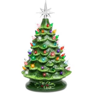 imageBest Choice Products 15in Ceramic Christmas Tree Prelit HandPainted Tabletop Holiday Tree 2 Star Toppers 64 Lights  Peppermint wRed and White BulbsGreen W Multicolored Lights