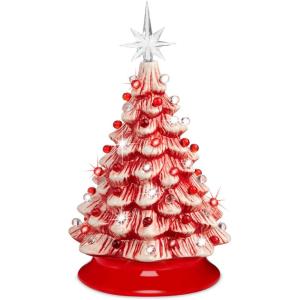 imageBest Choice Products 15in Ceramic Christmas Tree Prelit HandPainted Tabletop Holiday Tree 2 Star Toppers 64 Lights  Peppermint wRed and White BulbsPeppermint