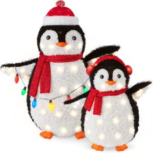 imageBest Choice Products 2Piece Lighted Penguin Family 3ft PopUp Outdoor Christmas Holiday Decoration w 150 LED Lights Multicolored Lights  RedRed