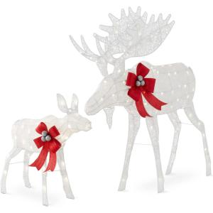 imageBest Choice Products 2Piece Moose Family Lighted Outdoor AllWeather Christmas Yard Decoration LightUp Dcor Set w 170 LED Lights Ground Stakes Zip Ties  GoldWhite  Large
