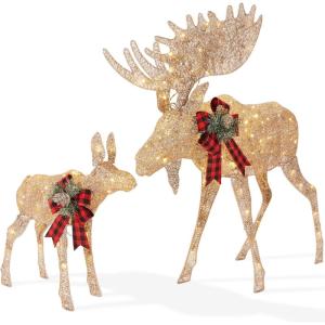 imageBest Choice Products 2Piece Moose Family Lighted Outdoor AllWeather Christmas Yard Decoration LightUp Dcor Set w 170 LED Lights Ground Stakes Zip Ties  GoldGold  Extra Large