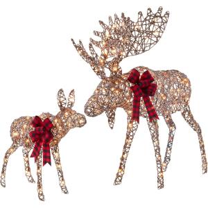 imageBest Choice Products 2Piece Moose Family Lighted Outdoor AllWeather Christmas Yard Decoration LightUp Dcor Set w 170 LED Lights Ground Stakes Zip Ties  GoldRattan  Large