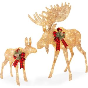 imageBest Choice Products 2Piece Moose Family Lighted Outdoor AllWeather Christmas Yard Decoration LightUp Dcor Set w 170 LED Lights Ground Stakes Zip Ties  GoldGold  Large