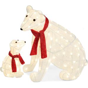 imageBest Choice Products 32in 2Piece Lighted Polar Bear Family Large AllWeather PreLit Outdoor Christmas Dcor for Front Yard Lawn w 145 PreStrung LED Lights Zip Ties Ground Stakes  RedWhite