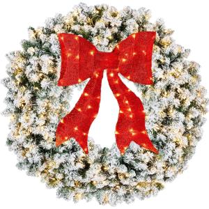imageBest Choice Products 48in Large Flocked Artificial PreLit Fir Christmas Wreath Holiday Accent Decoration for Door Mantel wRed Lighted Bow 250 LED Lights 714 PVC Tips Power Plugin60in