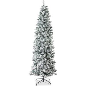 imageBest Choice Products Flocked Pencil Christmas Tree Unlit Slim Artificial Holiday Decoration 6ft Skinny Snowy Appearance wBase9ft