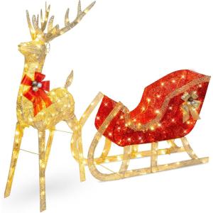 imageBest Choice Products Lighted Christmas 4ft Reindeer ampamp Sleigh Holiday Outdoor Yard Decoration Set w 205 LED Lights Stakes Zip Ties  WhiteGold  Extra Large