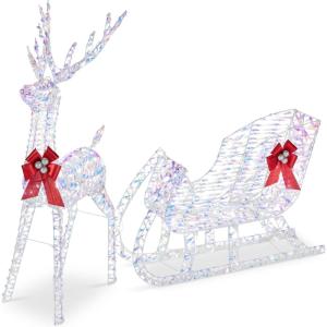 imageBest Choice Products Lighted Christmas 4ft Reindeer ampamp Sleigh Holiday Outdoor Yard Decoration Set w 205 LED Lights Stakes Zip Ties  WhiteIridescent  Large