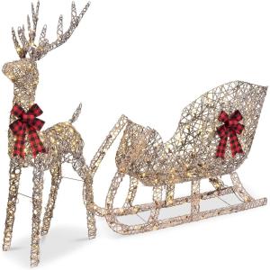 imageBest Choice Products Lighted Christmas 4ft Reindeer ampamp Sleigh Holiday Outdoor Yard Decoration Set w 205 LED Lights Stakes Zip Ties  WhiteRattan  Large