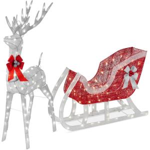 imageBest Choice Products Lighted Christmas 4ft Reindeer ampamp Sleigh Holiday Outdoor Yard Decoration Set w 205 LED Lights Stakes Zip Ties  WhiteSilver  Large