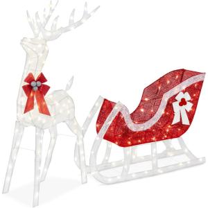 imageBest Choice Products Lighted Christmas 4ft Reindeer ampamp Sleigh Holiday Outdoor Yard Decoration Set w 205 LED Lights Stakes Zip Ties  WhiteWhite  Extra Large