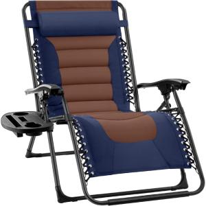 imageBest Choice Products Oversized Padded Zero Gravity Chair Folding Outdoor Patio Recliner XL Anti Gravity Lounger for Backyard wHeadrest Cup Holder Side Tray Polyester Mesh  Forest GreenNavyBrown
