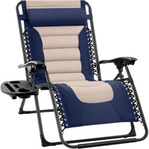 imageBest Choice Products Oversized Padded Zero Gravity Chair Folding Outdoor Patio Recliner XL Anti Gravity Lounger for Backyard wHeadrest Cup Holder Side Tray Polyester Mesh  Forest GreenNavyOyster