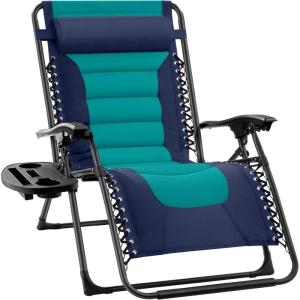 imageBest Choice Products Oversized Padded Zero Gravity Chair Folding Outdoor Patio Recliner XL Anti Gravity Lounger for Backyard wHeadrest Cup Holder Side Tray Polyester Mesh  Forest GreenNavyTeal