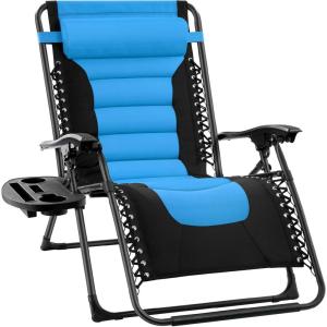 imageBest Choice Products Oversized Padded Zero Gravity Chair Folding Outdoor Patio Recliner XL Anti Gravity Lounger for Backyard wHeadrest Cup Holder Side Tray Polyester Mesh  Forest GreenBlackSky Blue