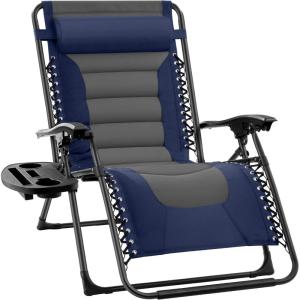 imageBest Choice Products Oversized Padded Zero Gravity Chair Folding Outdoor Patio Recliner XL Anti Gravity Lounger for Backyard wHeadrest Cup Holder Side Tray Polyester Mesh  Forest GreenNavyGray