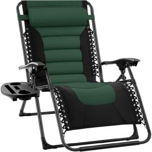 imageBest Choice Products Oversized Padded Zero Gravity Chair Folding Outdoor Patio Recliner XL Anti Gravity Lounger for Backyard wHeadrest Cup Holder Side Tray Polyester Mesh  Forest GreenBlackForest Green