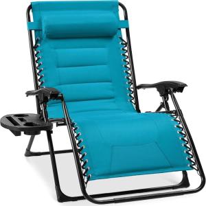 imageBest Choice Products Oversized Padded Zero Gravity Chair Folding Outdoor Patio Recliner XL Anti Gravity Lounger for Backyard wHeadrest Cup Holder Side Tray Polyester Mesh  Forest GreenAqua Blue
