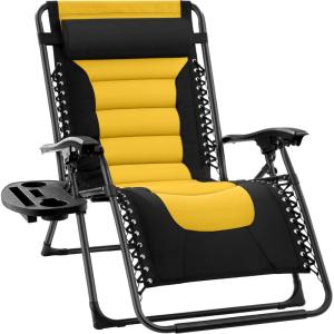 imageBest Choice Products Oversized Padded Zero Gravity Chair Folding Outdoor Patio Recliner XL Anti Gravity Lounger for Backyard wHeadrest Cup Holder Side Tray Polyester Mesh  Forest GreenBlackYellow