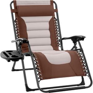 imageBest Choice Products Oversized Padded Zero Gravity Chair Folding Outdoor Patio Recliner XL Anti Gravity Lounger for Backyard wHeadrest Cup Holder Side Tray Polyester Mesh  Forest GreenBrownOyster