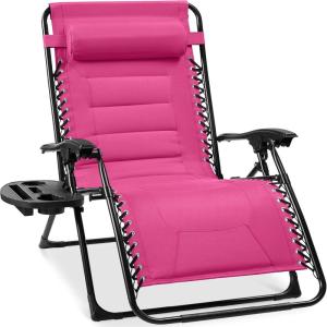 imageBest Choice Products Oversized Padded Zero Gravity Chair Folding Outdoor Patio Recliner XL Anti Gravity Lounger for Backyard wHeadrest Cup Holder Side Tray Polyester Mesh  Forest GreenHot Pink