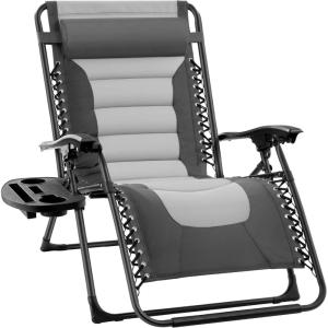 imageBest Choice Products Oversized Padded Zero Gravity Chair Folding Outdoor Patio Recliner XL Anti Gravity Lounger for Backyard wHeadrest Cup Holder Side Tray Polyester Mesh  Forest GreenGrayLight Gray