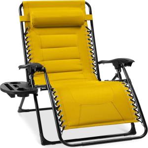imageBest Choice Products Oversized Padded Zero Gravity Chair Folding Outdoor Patio Recliner XL Anti Gravity Lounger for Backyard wHeadrest Cup Holder Side Tray Polyester Mesh  Forest GreenYellow