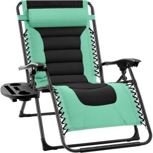 imageBest Choice Products Oversized Padded Zero Gravity Chair Folding Outdoor Patio Recliner XL Anti Gravity Lounger for Backyard wHeadrest Cup Holder Side Tray Polyester Mesh  Forest GreenSeafoam GreenBlack