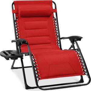 imageBest Choice Products Oversized Padded Zero Gravity Chair Folding Outdoor Patio Recliner XL Anti Gravity Lounger for Backyard wHeadrest Cup Holder Side Tray Polyester Mesh  Forest GreenCrimson Red