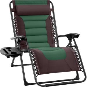 imageBest Choice Products Oversized Padded Zero Gravity Chair Folding Outdoor Patio Recliner XL Anti Gravity Lounger for Backyard wHeadrest Cup Holder Side Tray Polyester Mesh  Forest GreenEspressoGreen