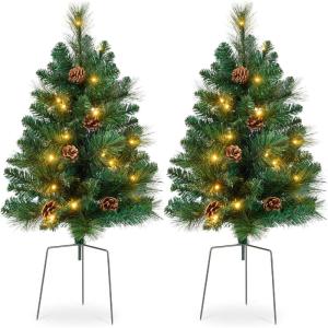 imageBest Choice Products Set of 2 245in Outdoor Pathway Christmas Trees Battery Operated PreLit Holiday Dcor wLED Lights Red Berries Pine ConesGreen