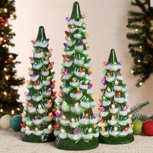 imageBest Choice Products Set of 3 Ceramic Christmas Trees PreLit HandPainted Tabletop Holiday Decoration wMulticolor Bulbs LED Lights  GreenFlocked Green W Multicolor Lights