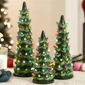 imageBest Choice Products Set of 3 Ceramic Christmas Trees PreLit HandPainted Tabletop Holiday Decoration wMulticolor Bulbs LED Lights  GreenGreen W Multicolor Lights