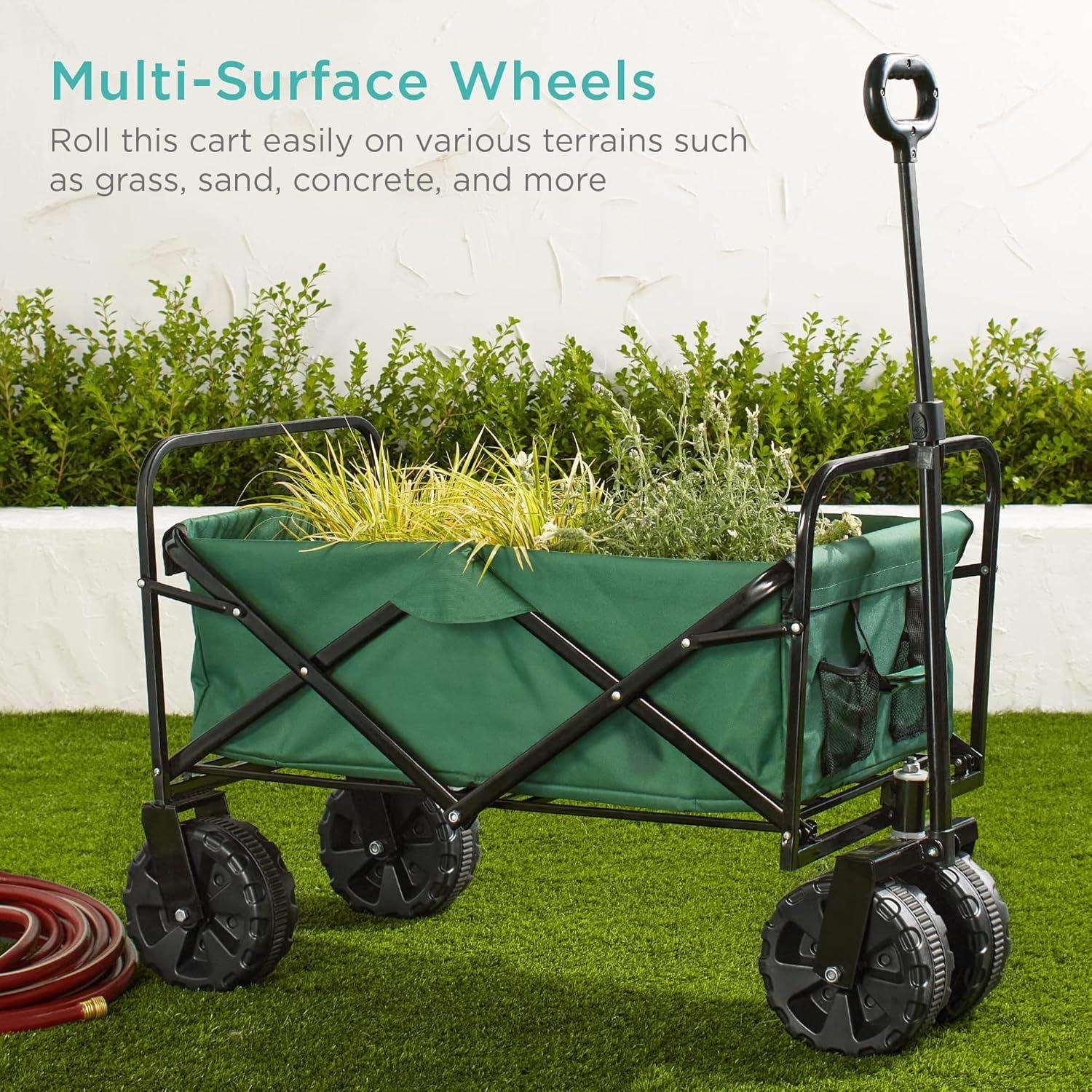 imageBest Choice Products 36in Collapsible Folding Utility Wagon Multipurpose Indoor Outdoor Mobile Cart for Garden Beach Park Shopping w 360Degree Wheels Adjustable Handle 150lb Capacity  Green