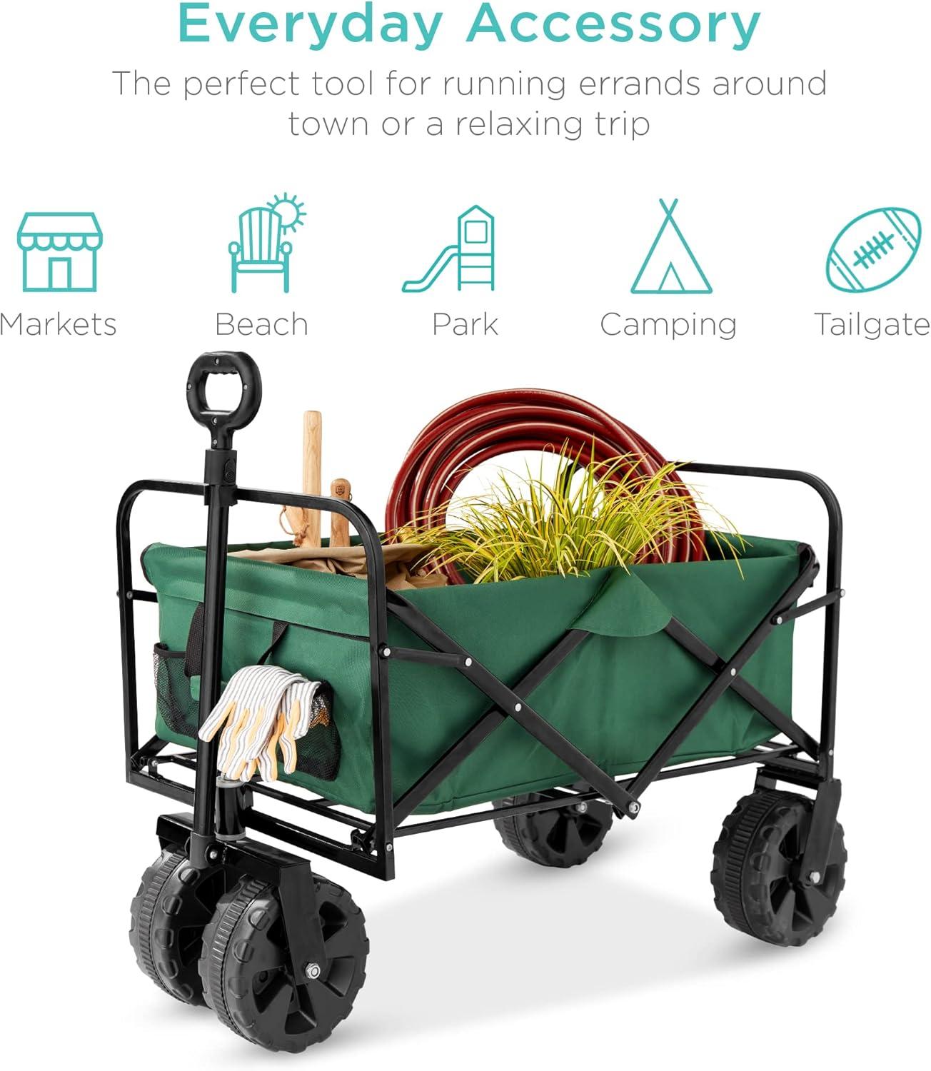 imageBest Choice Products 36in Collapsible Folding Utility Wagon Multipurpose Indoor Outdoor Mobile Cart for Garden Beach Park Shopping w 360Degree Wheels Adjustable Handle 150lb Capacity  Green
