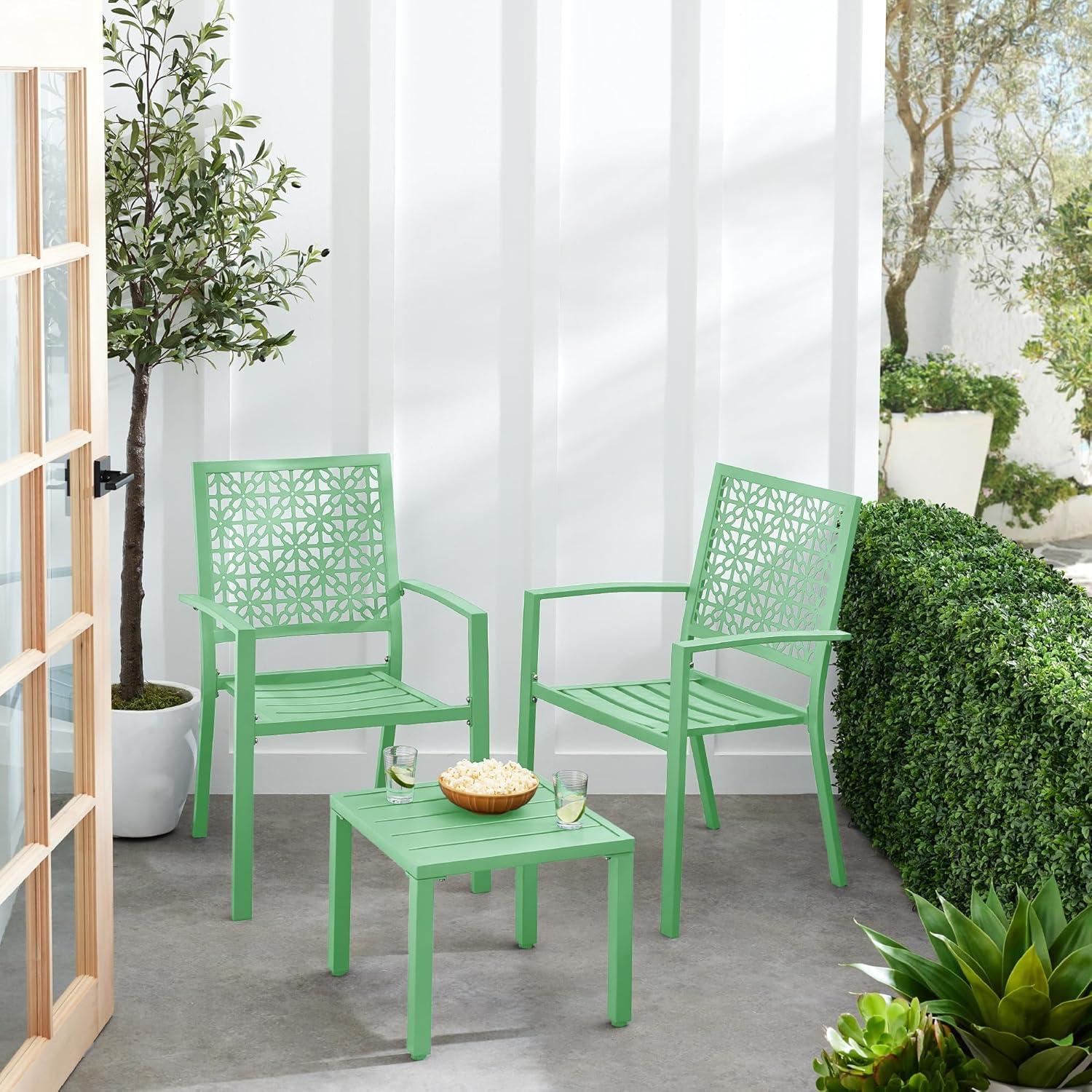 imageBest Choice Products 3Piece Outdoor Bistro Set Stackable Modern Steel Furniture for Porch Garden w 2 Chairs Table Geometric Decor  PeachMint Green