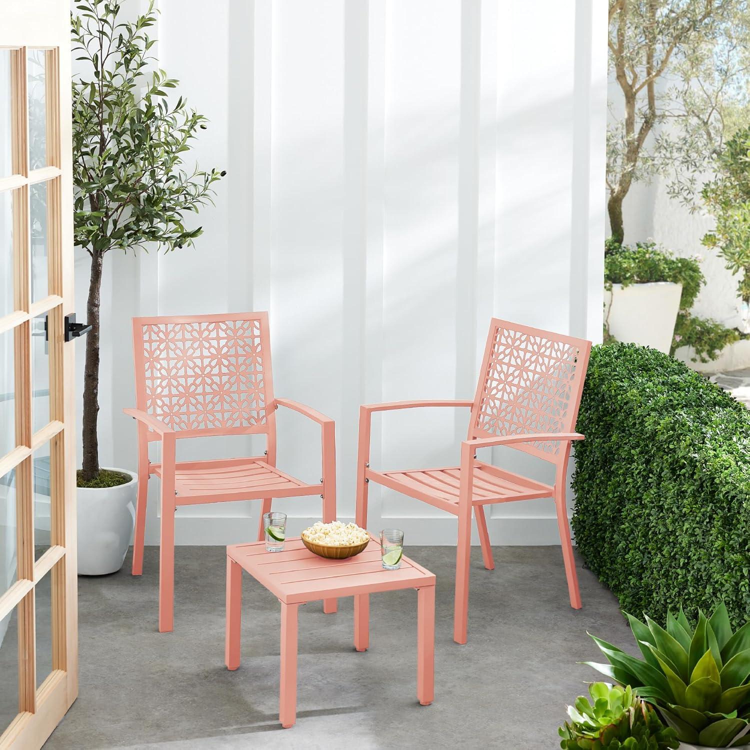 imageBest Choice Products 3Piece Outdoor Bistro Set Stackable Modern Steel Furniture for Porch Garden w 2 Chairs Table Geometric Decor  PeachPeach