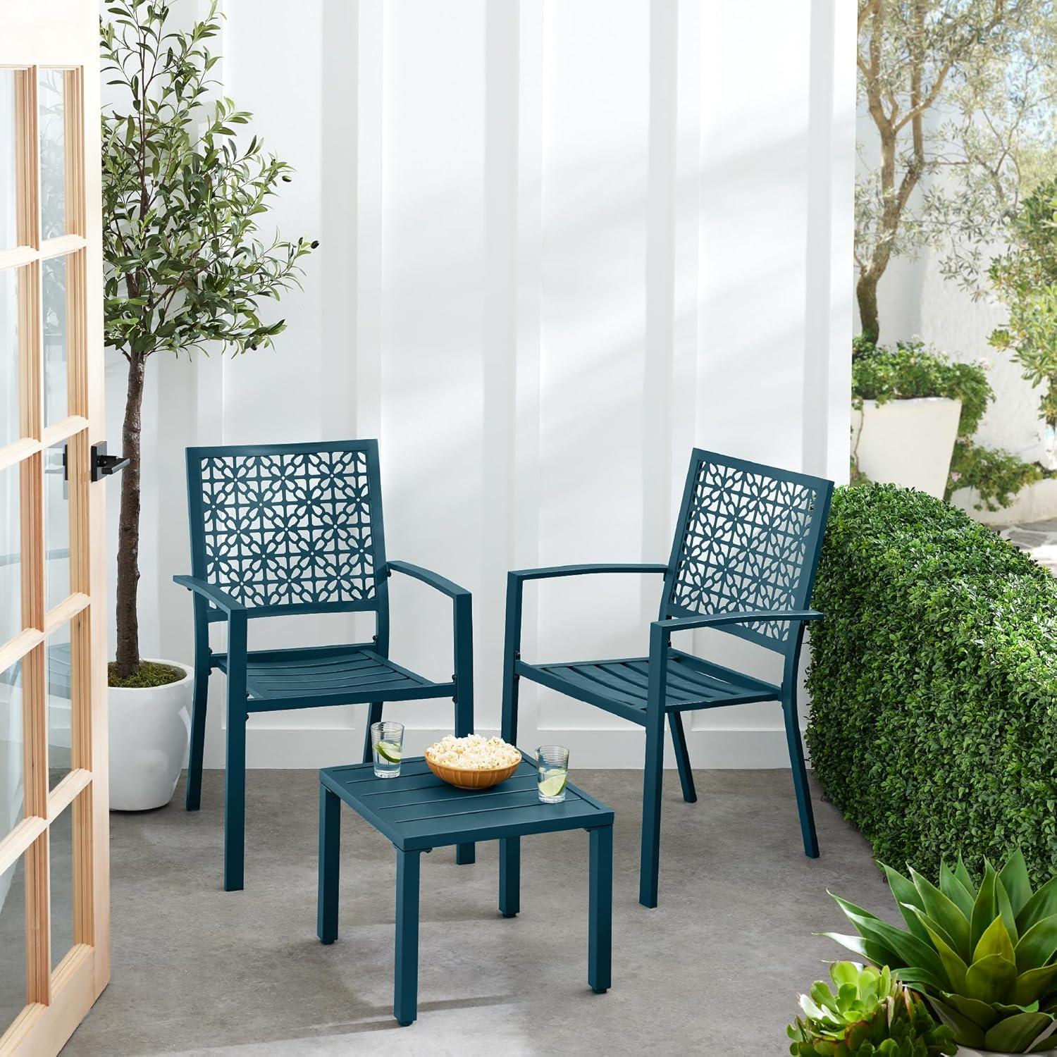 imageBest Choice Products 3Piece Outdoor Bistro Set Stackable Modern Steel Furniture for Porch Garden w 2 Chairs Table Geometric Decor  PeachPeacock Blue