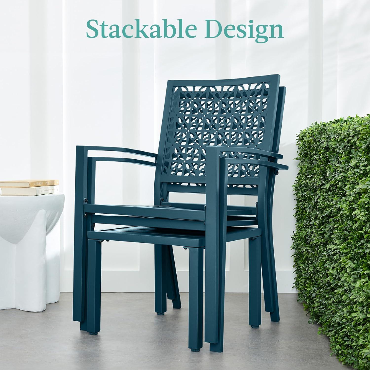 imageBest Choice Products 3Piece Outdoor Bistro Set Stackable Modern Steel Furniture for Porch Garden w 2 Chairs Table Geometric Decor  PeachPeacock Blue
