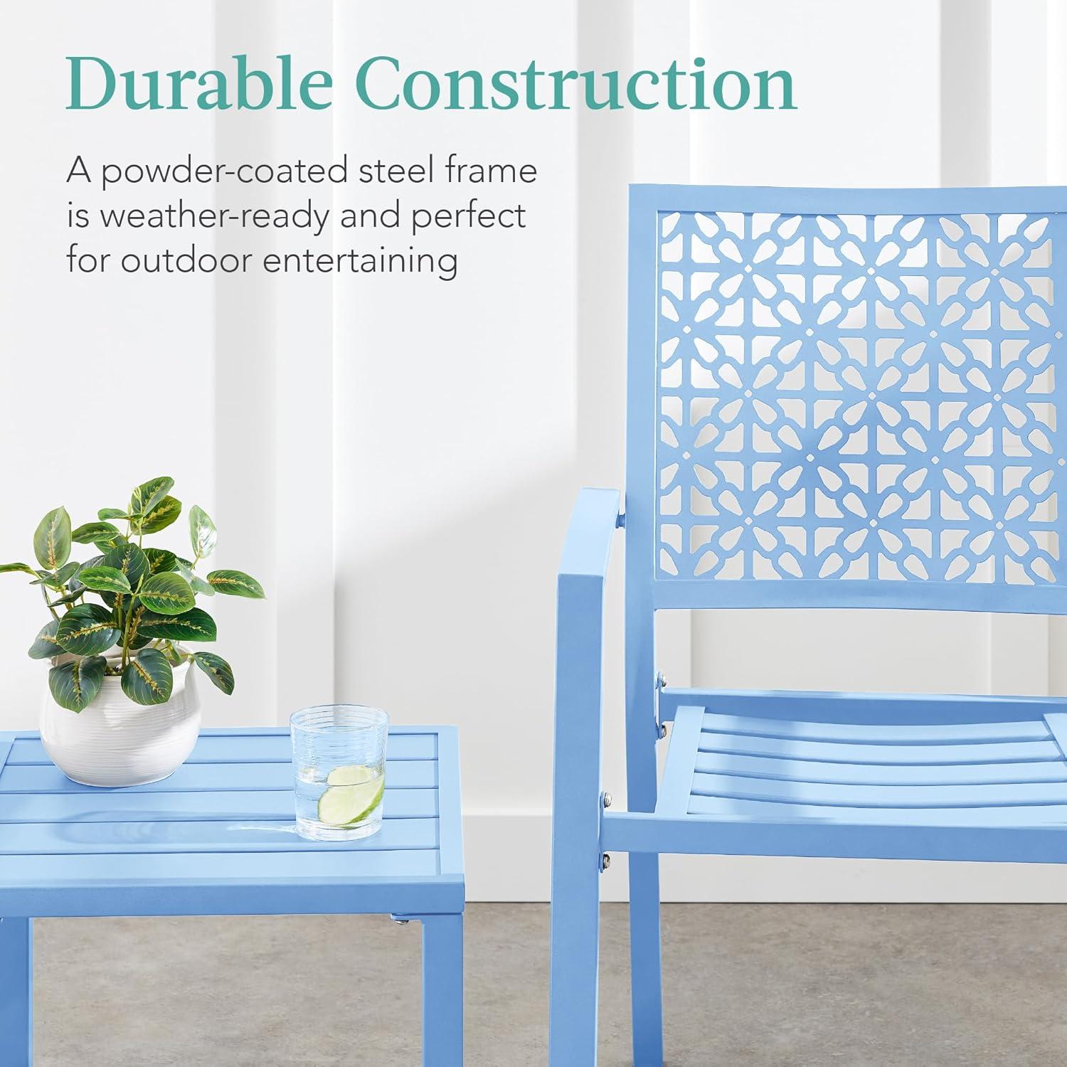 imageBest Choice Products 3Piece Outdoor Bistro Set Stackable Modern Steel Furniture for Porch Garden w 2 Chairs Table Geometric Decor  PeachSky Blue
