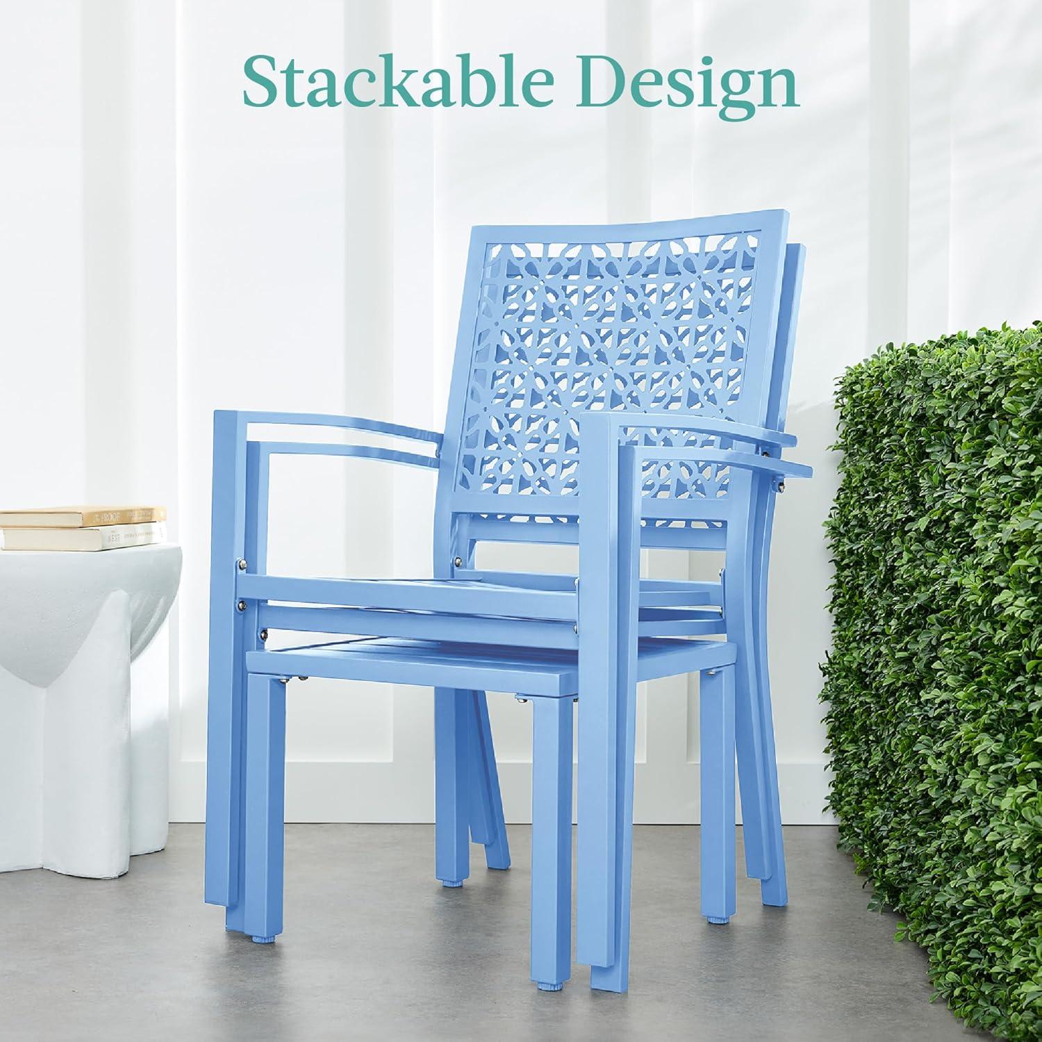 imageBest Choice Products 3Piece Outdoor Bistro Set Stackable Modern Steel Furniture for Porch Garden w 2 Chairs Table Geometric Decor  PeachSky Blue