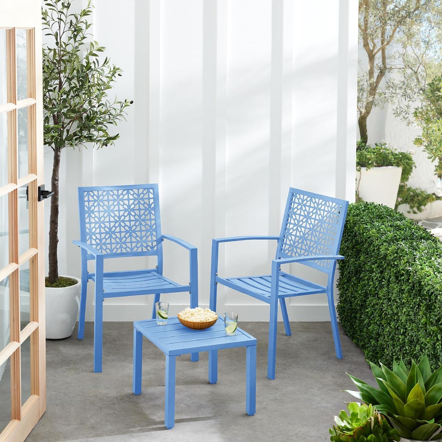 imageBest Choice Products 3Piece Outdoor Bistro Set Stackable Modern Steel Furniture for Porch Garden w 2 Chairs Table Geometric Decor  PeachSky Blue