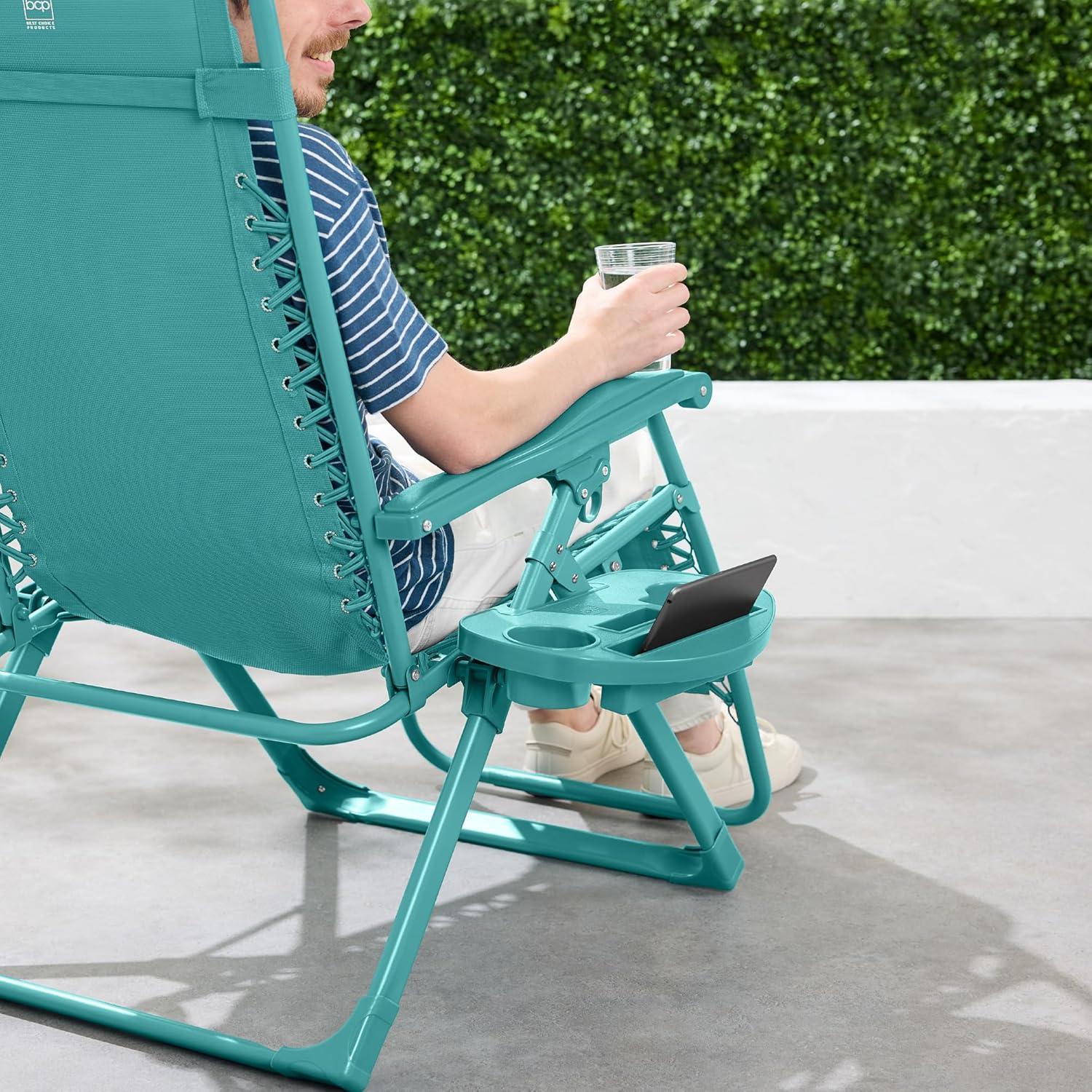 imageBest Choice Products Adjustable Zero Gravity Chair Monochromatic Color Folding Patio Recliner wSide Tray Headrest  SeafoamCaribbean