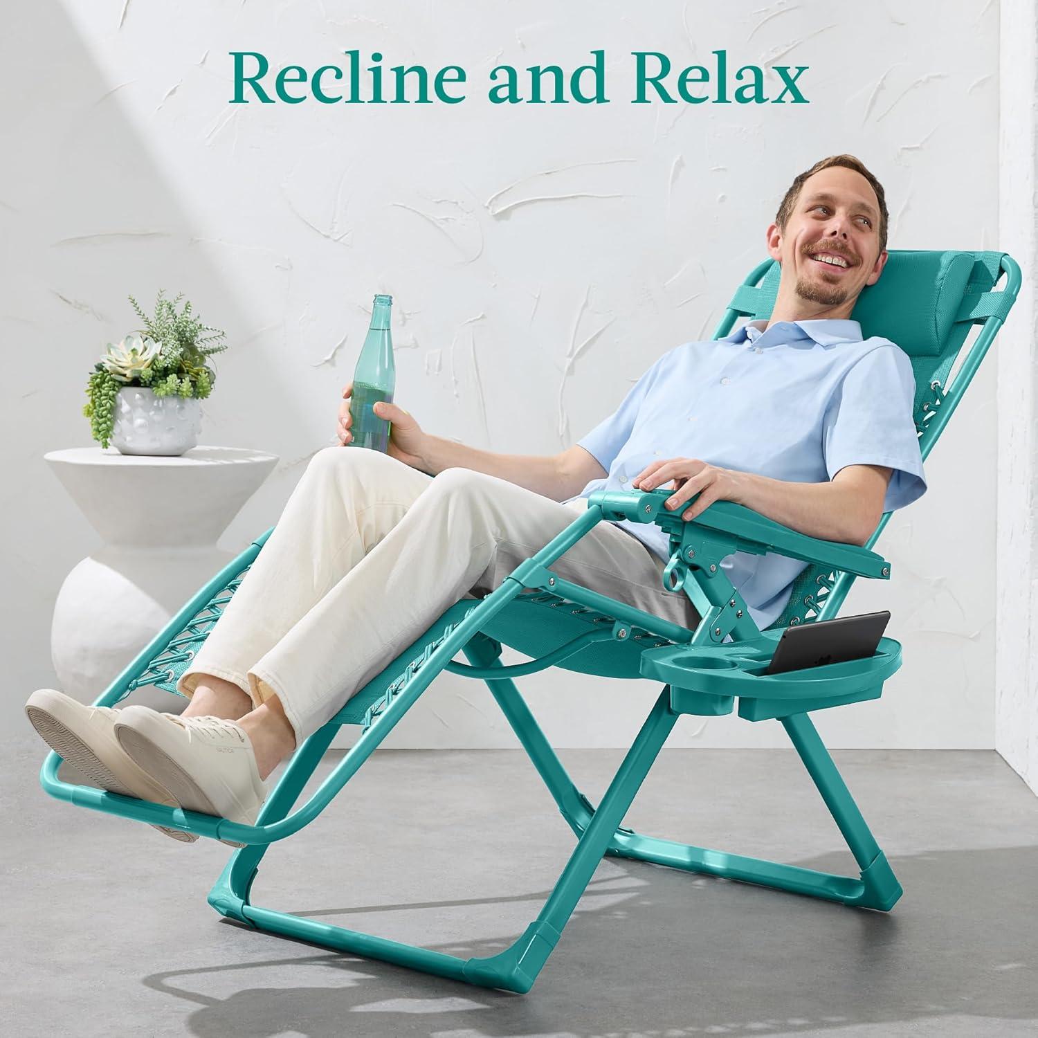 imageBest Choice Products Adjustable Zero Gravity Chair Monochromatic Color Folding Patio Recliner wSide Tray Headrest  SeafoamCaribbean