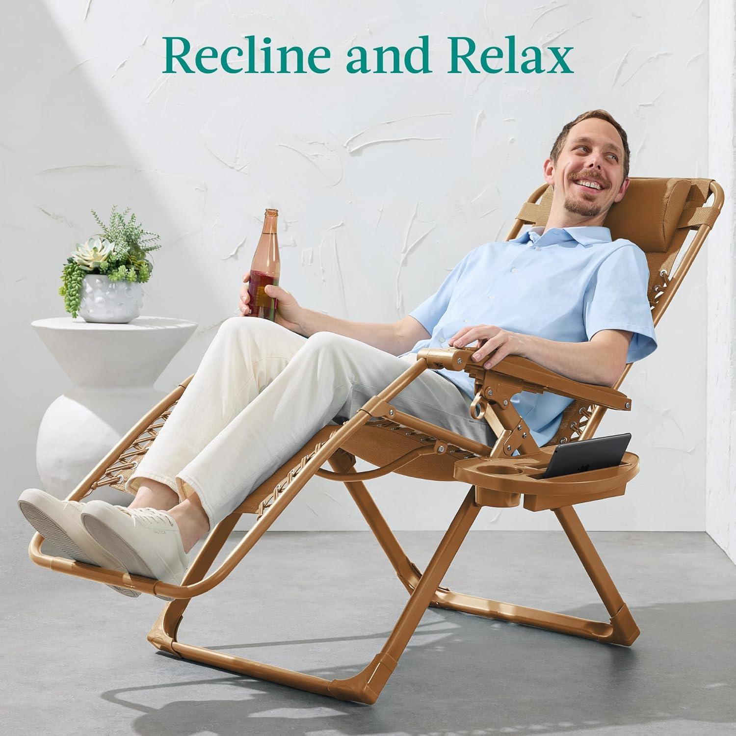 imageBest Choice Products Adjustable Zero Gravity Chair Monochromatic Color Folding Patio Recliner wSide Tray Headrest  SeafoamDesert