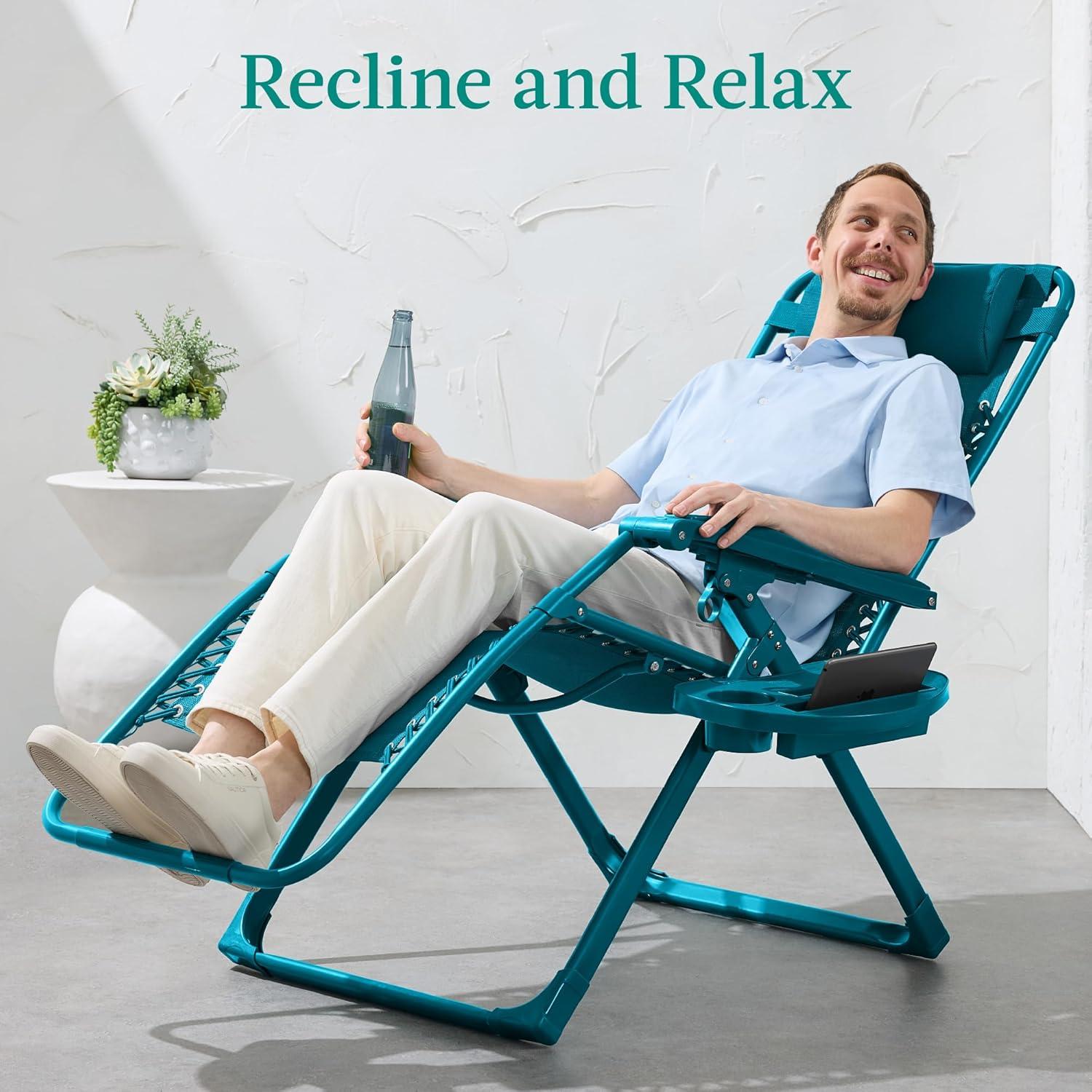 imageBest Choice Products Adjustable Zero Gravity Chair Monochromatic Color Folding Patio Recliner wSide Tray Headrest  SeafoamPeacock
