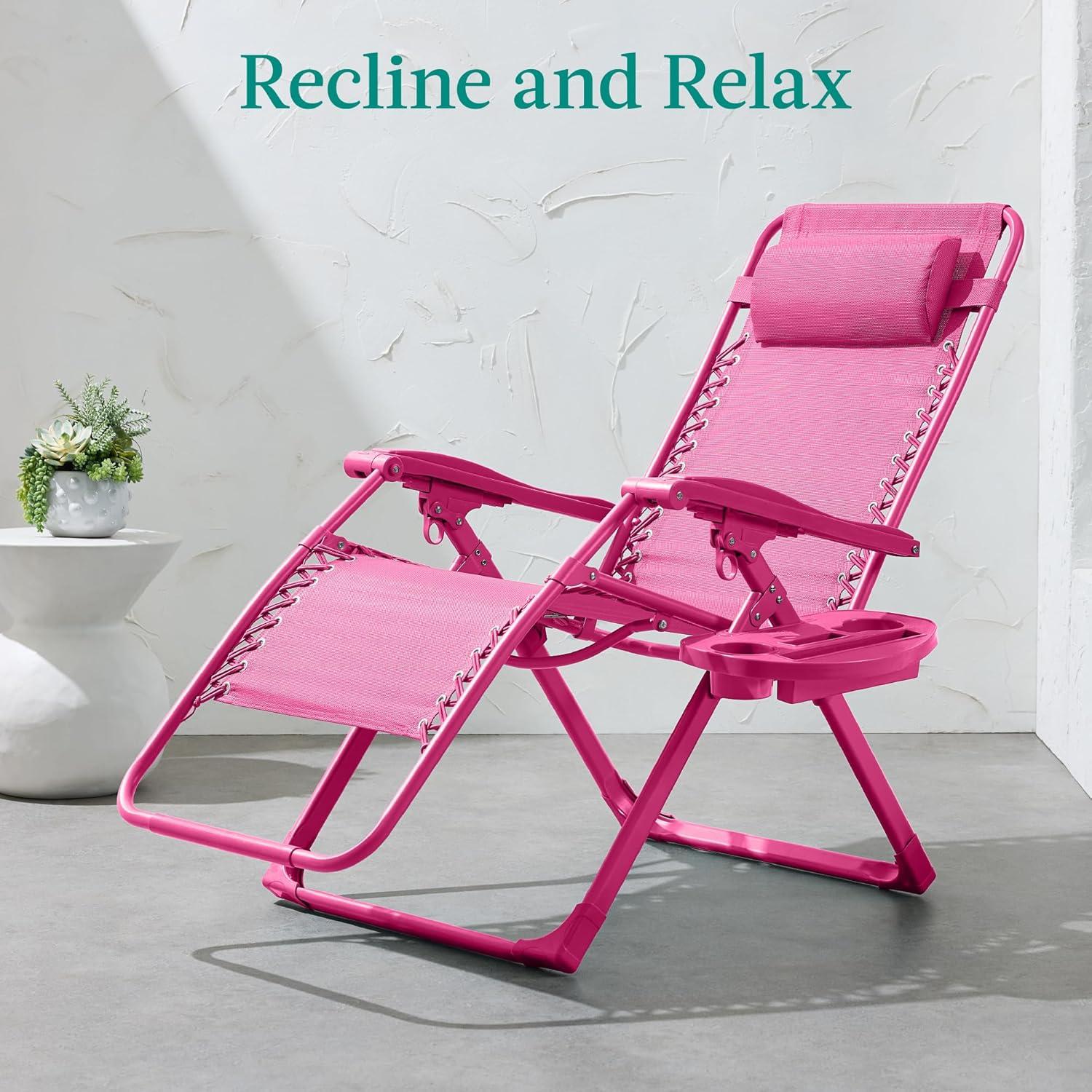 imageBest Choice Products Adjustable Zero Gravity Chair Monochromatic Color Folding Patio Recliner wSide Tray Headrest  SeafoamUltimate Pink