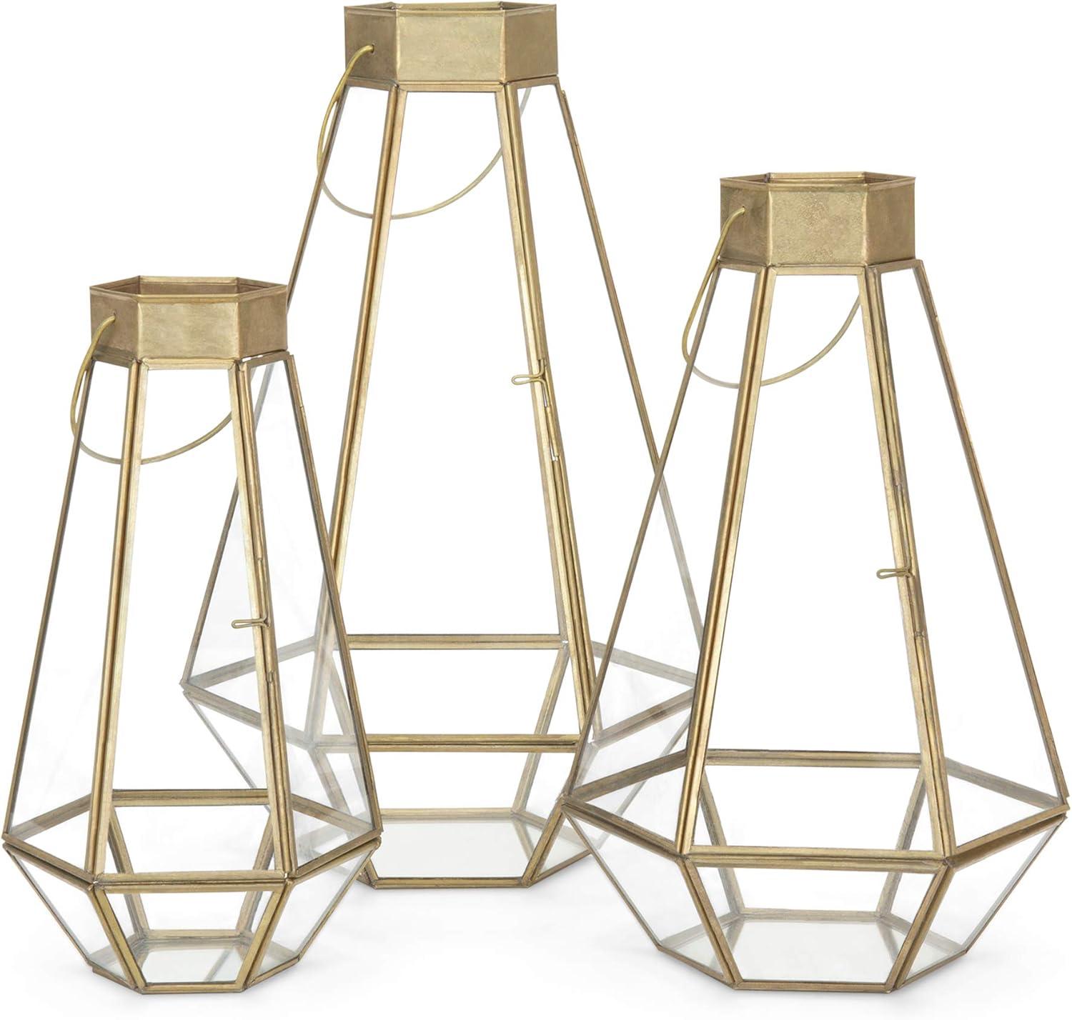 imageBest Choice Products Metal Indoor Outdoor Modern Decorative Faceted Hurricane Candle Holder Centerpiece Lanterns for Parties Events Weddings wClear Glass Mirrored Base Set of 3 Brass